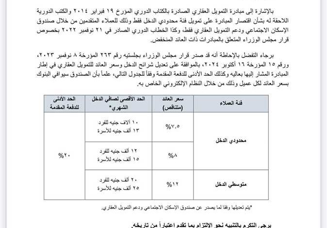 البنك المركزي يعدل شرائح الدخل وسعر العائد لمبادرة التمويل العقاري